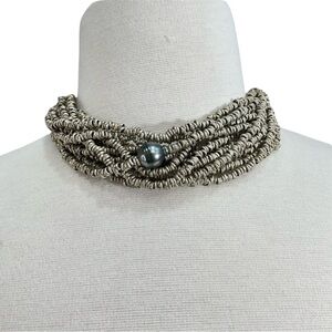 Multi Strand Silver Beaded Choker Necklace Statement Collar with Pearl Accent
